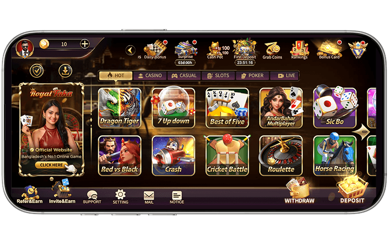 Royal Taka - Real Money Games for Mobile Devices (Portrait and Landscape Modes), showing the interface of the Royal Taka game lobby on both portrait and landscape mobile screens.